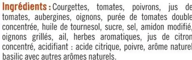 Ratatouille - Boîte de 750g nutrition facts table