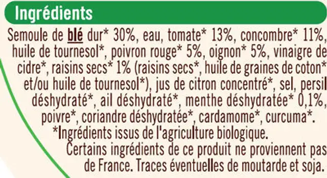 Taboulé à l'oriental bio ingredients label