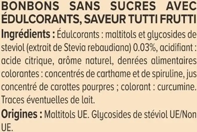 Bonbons Tutti frutti sans sucres à l'extrait de stévia 120g nutrition facts table