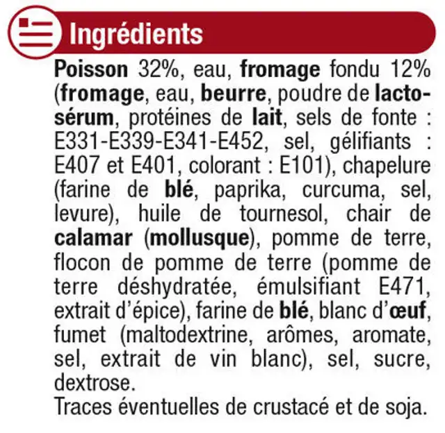 Croq de poisson au fromage ingredients label