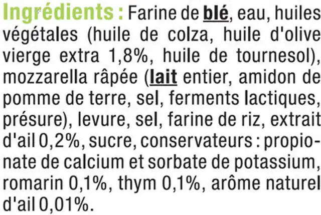 Foccacia à l'ail et au romarin ingredients label