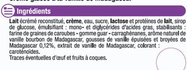 Crème glacée gourmande douceur vanille Madagascar ingredients label