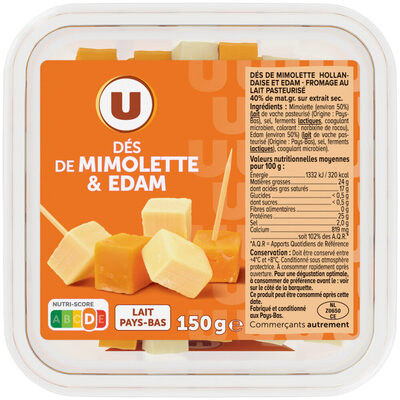 Dés de Mimolette et Edam au lait pasteurisé 24% de MG, 150g