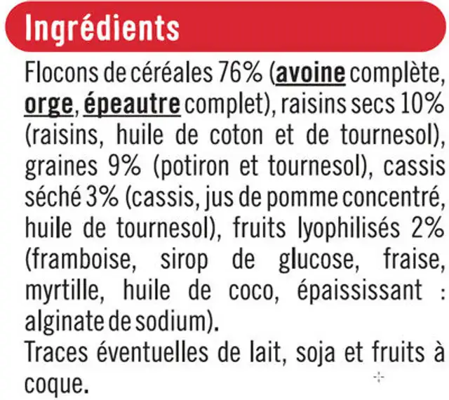 Muesli floconneux aux fruits rouges ingredients label