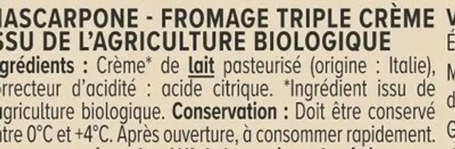 Mascarpone, fromage triple crème bio 36%MG - 250g nutrition facts table