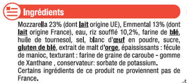 Bâtonnet croustillant à la mozzarella et à l'emmental 14% de matière grasse ingredients label