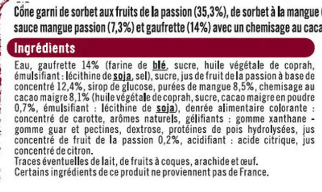 Cônes sorbet mangue passion - X6 408G ingredients label