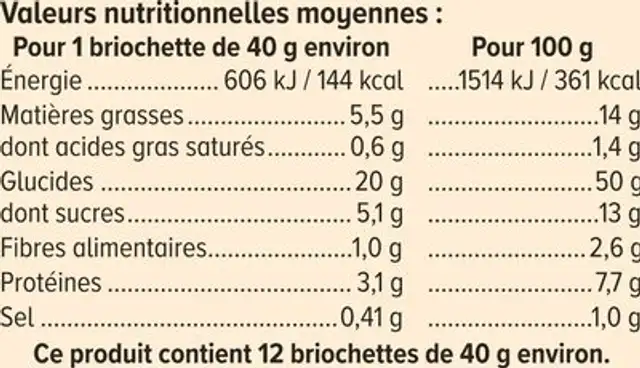 Briochettes x12, 480g ingredients label