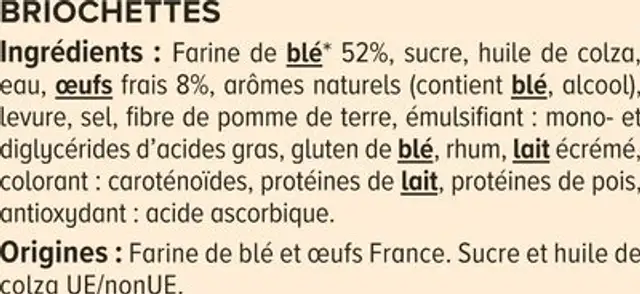 Briochettes x12, 480g nutrition facts table
