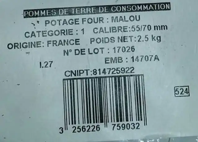 Pomme de terre, Malou, de consommation, calibre 55/75mm catégorie1 ingredients label