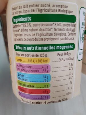 Yaourt parfum citron 4 unités, 125g nutrition facts table