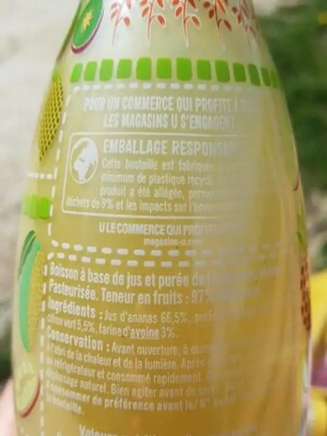 Jus de fruits et céréales ananas/mangue/citron vert et avoine ingredients label
