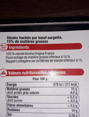 Steak haché race à viande 15% de MG ingredients label