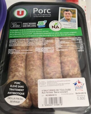 Saucisse de Toulouse aux herbes, Nouvelle Agriculture, 4 pièces, 500g front packaging