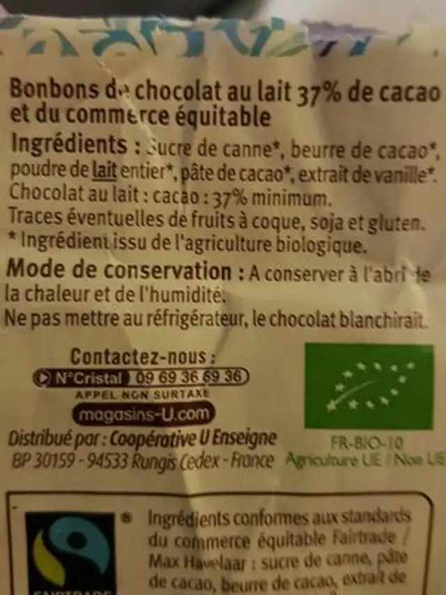 Sachet fritures chocolat lait 37% cacao Max Havelaar - 130g ingredients label