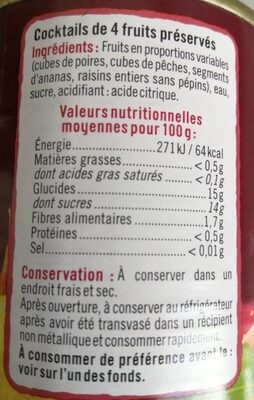 Cocktail 4 fruits au sirop léger nutrition facts table