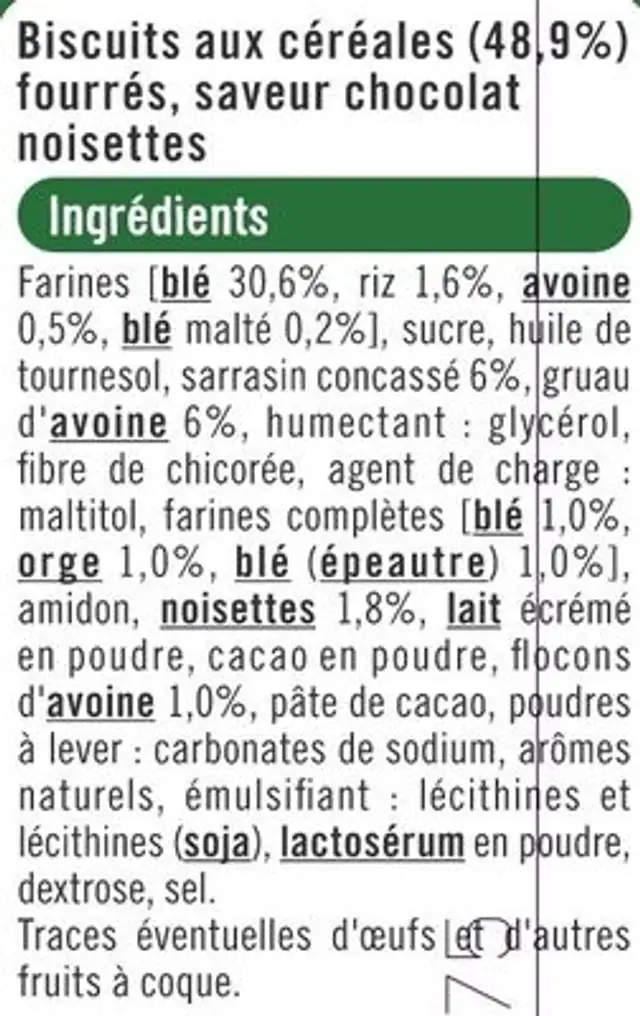 Biscuits Petit Déjeuner saveur chocolat noisettes 250g nutrition facts table
