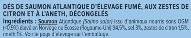 Dés apéritif de saumon fumé au bois de hêtre citron et aneth 100g nutrition facts table