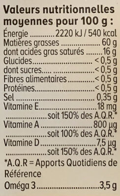 Margarine allégée au tournesol 60%MG, barquette 500g nutrition facts table
