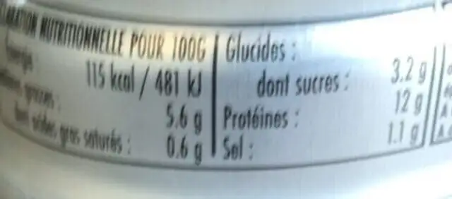 Garniture thon au fromage nutrition facts table