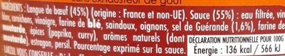 Langue de bœuf sauce piquante ingredients label