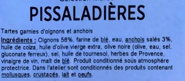 Pissaladières ingredients label