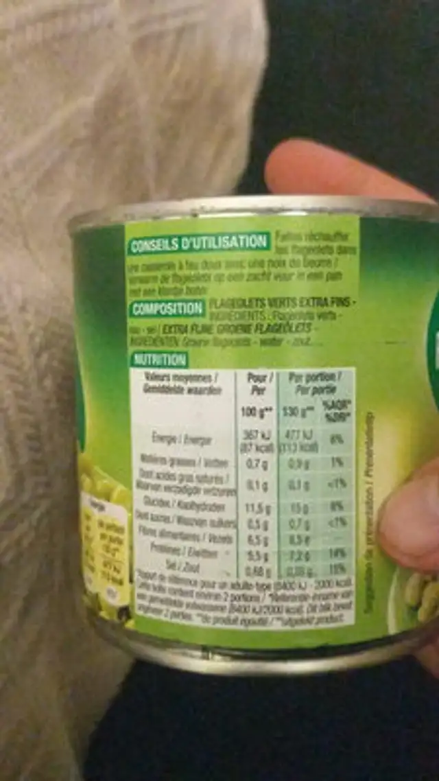 Flageolets verts extra fins ingredients label