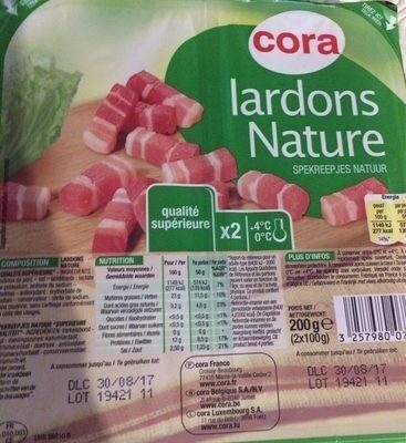 Lardons Nature, 2 Fois 100 Grammes, Marque Cora