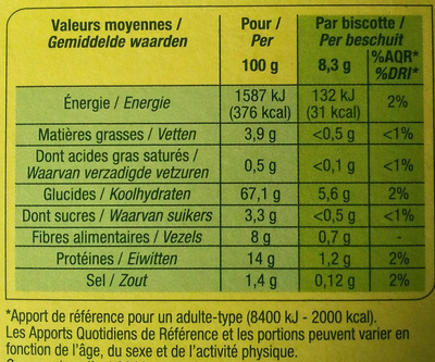 Nature bio - Biscottes complètes nutrition facts table
