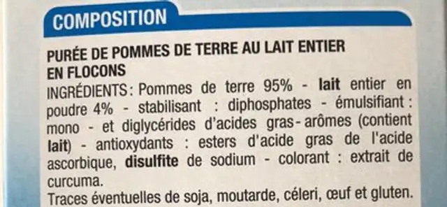 Purée au lait entier ingredients label