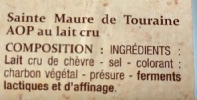 Sainte Maure de Touraine (22% MG) ingredients label
