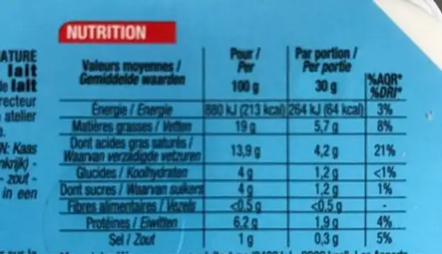 Cora Fromage Frais Nature nutrition facts table