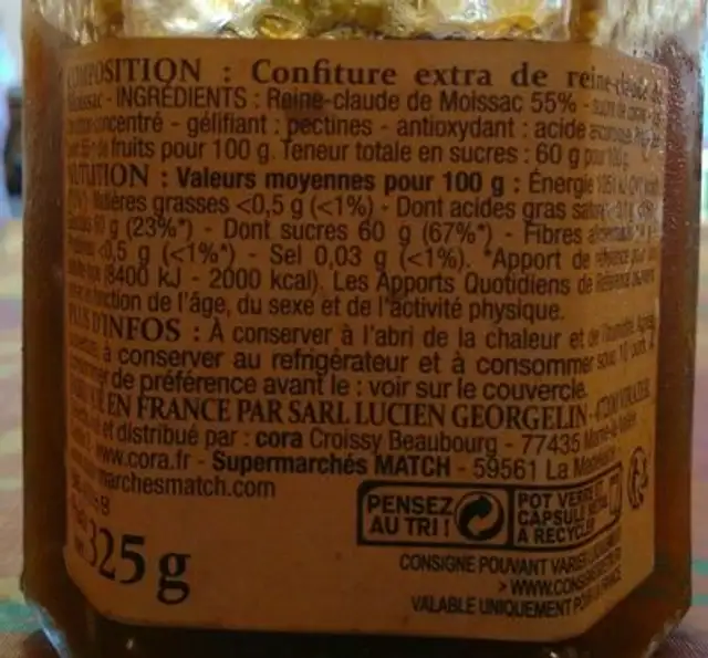 Confiture Extra Reine-claude De Moissac ingredients label