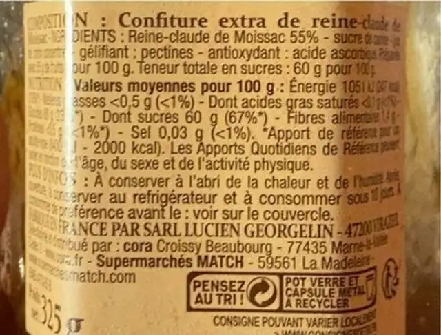 Confiture Extra Reine-claude De Moissac nutrition facts table