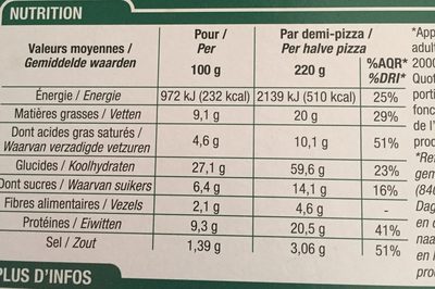 Pizza Chèvre Cuite Au Feu De Bois 440 Grammes ingredients label
