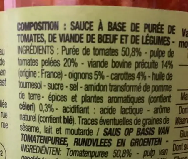Sauce Tomate Bolognaise ingredients label