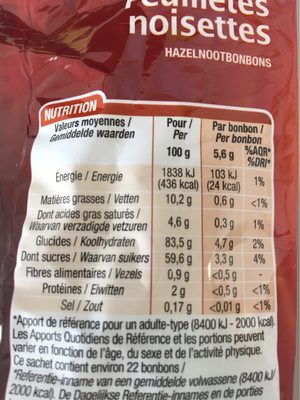 Feuilletés noisettes nutrition facts table