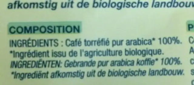 Café Pur Arabica ingredients label