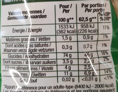 Fusilli qualite superieure nutrition facts table