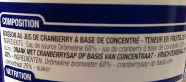 Jus de Cranberry ingredients label