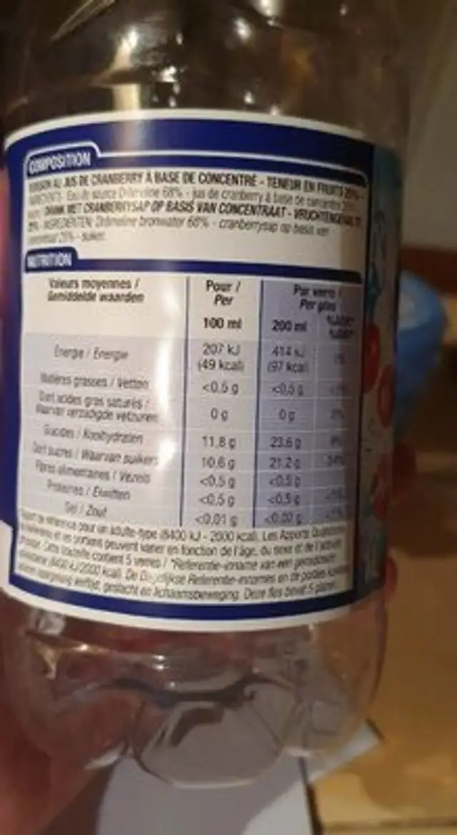 Jus de Cranberry nutrition facts table