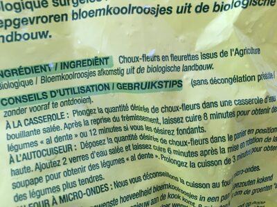 Choux Fleurs En Fleurettes, Bio, 600 Grammes, Marque Cora ingredients label