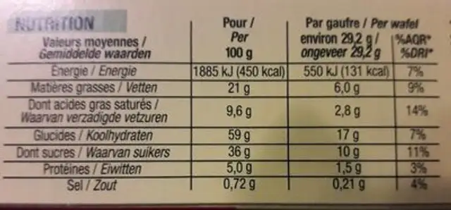 6 gaufres fourrées au miel nutrition facts table