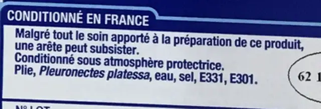 Filets de plie saumurée ingredients label