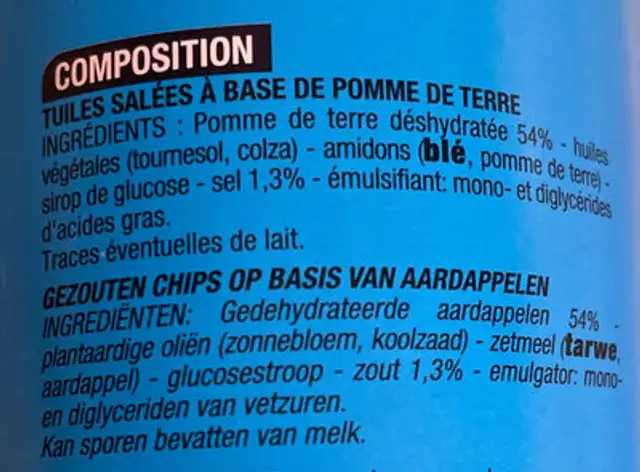 Tuiles salées ingredients label