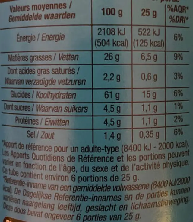 Tuiles salées nutrition facts table