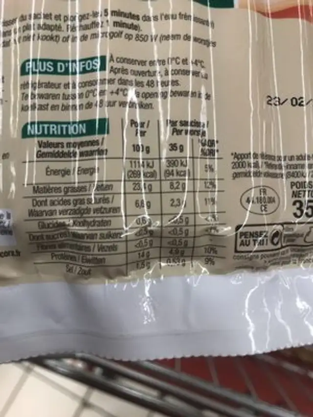 Saucisses de volaille ingredients label