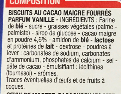 Biscuits cacao fourrés goût vanille ingredients label