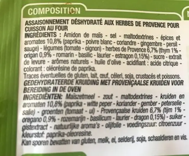 Préparation pour Poulet en Papillote Herbes de Provence ingredients label