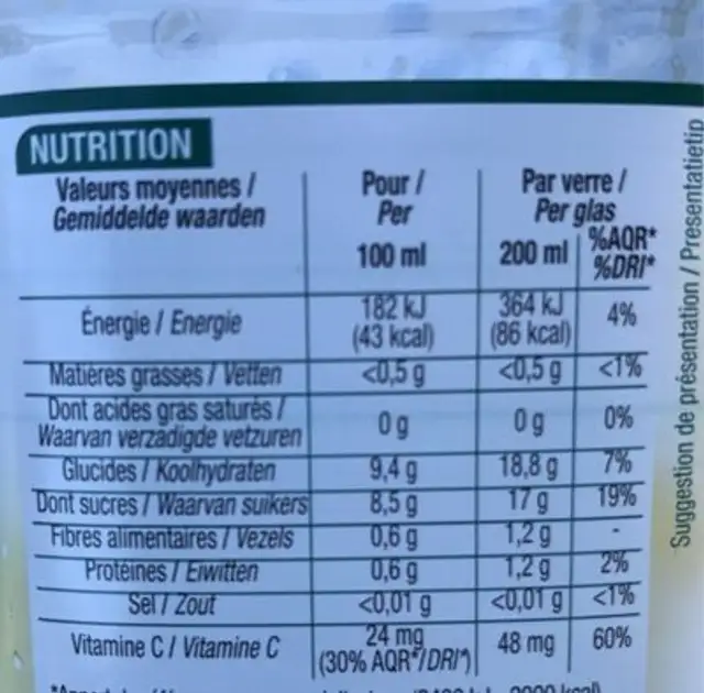 100% Pur Jus d'orange nutrition facts table